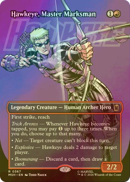 画像1: [FOIL] 百発百中の射手、ホークアイ/Hawkeye, Master Marksman (全面アート版) 【英語版】 [MSH-赤R] (1)
